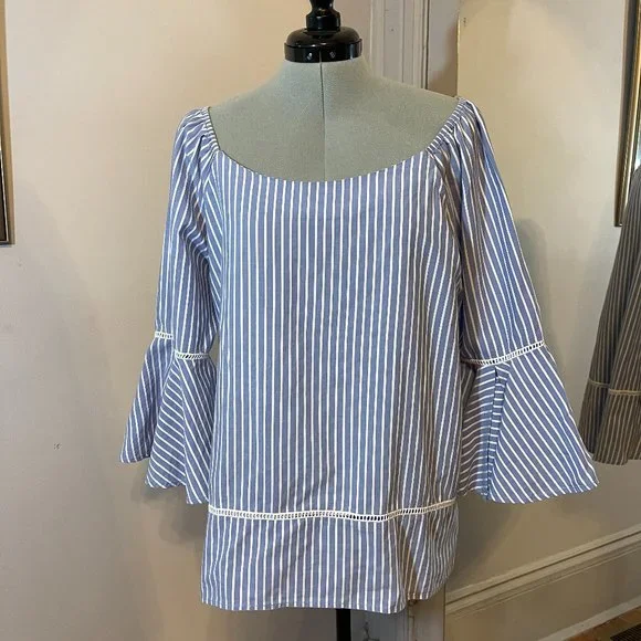 Anthropologie Pleione Pinstripe Bell Sleeve Blouse - Picture 1 of 7